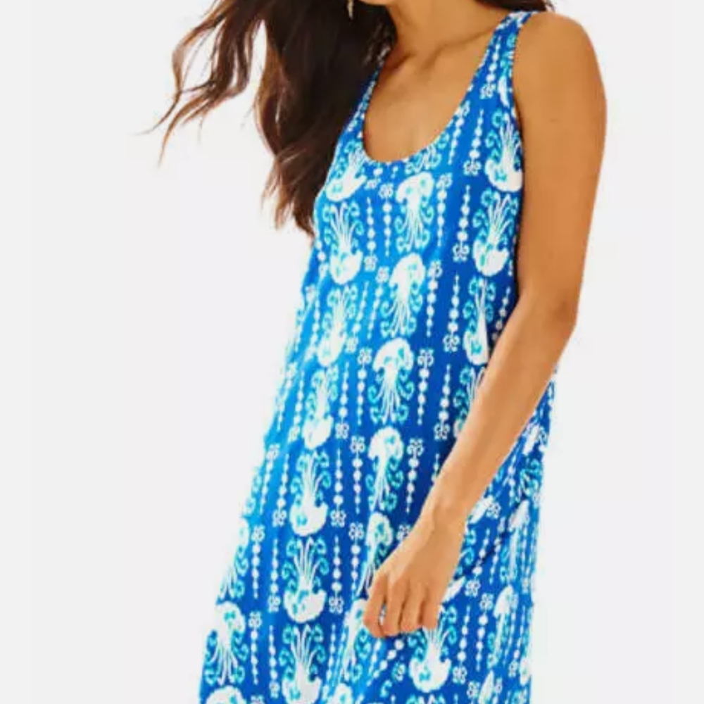 Lilly Pulitzer Melle Dress Indigo Get in Line Blue Sleeveless Racerback White L - Picture 1 of 16